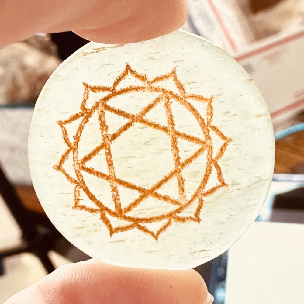 Green Aventurine Crystal w/7 Heart Chakra Engraved on Front Round Disk
